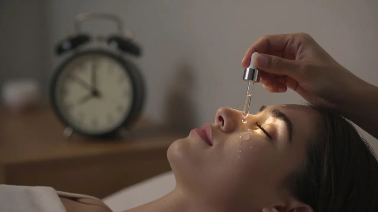 Večerní péče o pleť: aplikace retinolového séra a hydratačního krému v klidném prostředí.