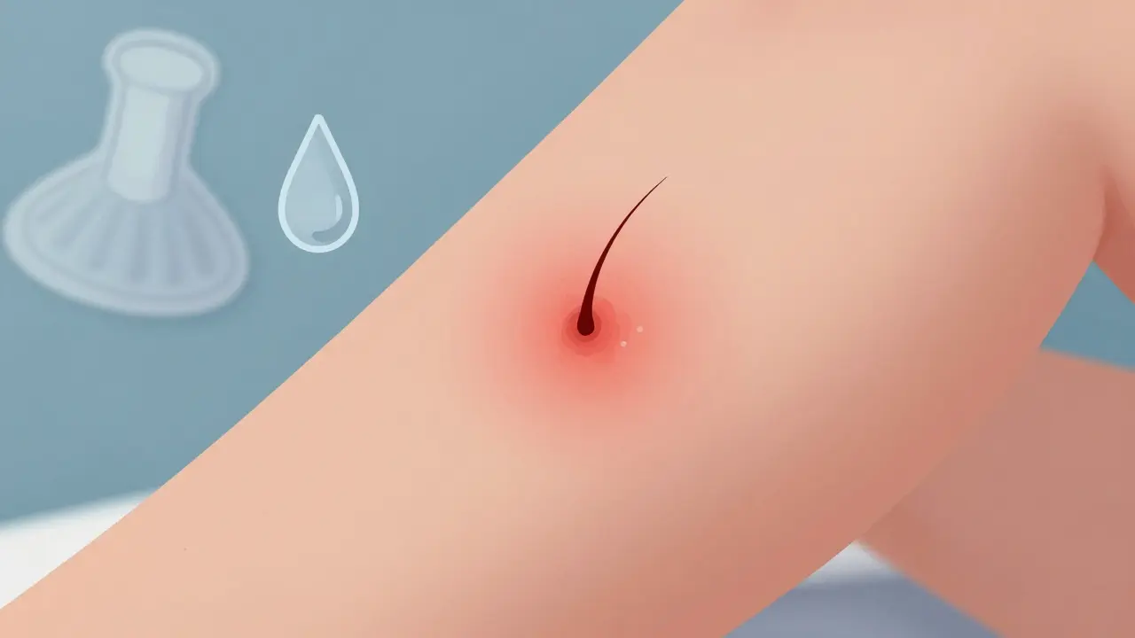 Zánět vlasového folikulu pod kůží po depilaci.