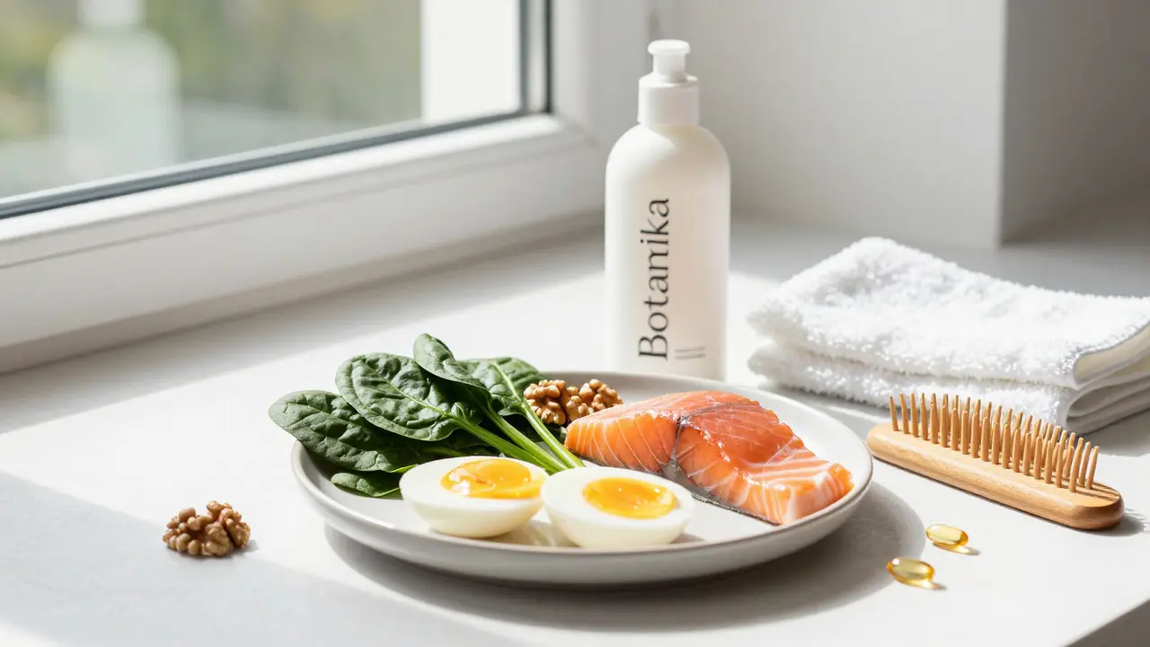 Zdravá strava a jemná kosmetika pro vlasy na světlém pozadí s přírodními ingrediencemi.