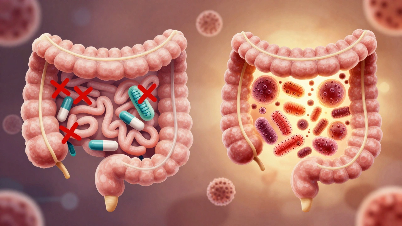 Zdravé a poškozené střevní bakterie viděné jako kontrastní mikrobiální obraz.