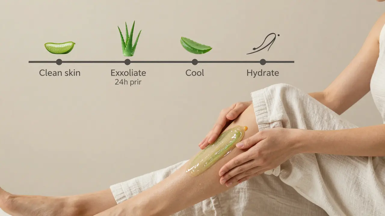 Žena aplikuje aloe veru na nohy po depilaci v volném oblečení.