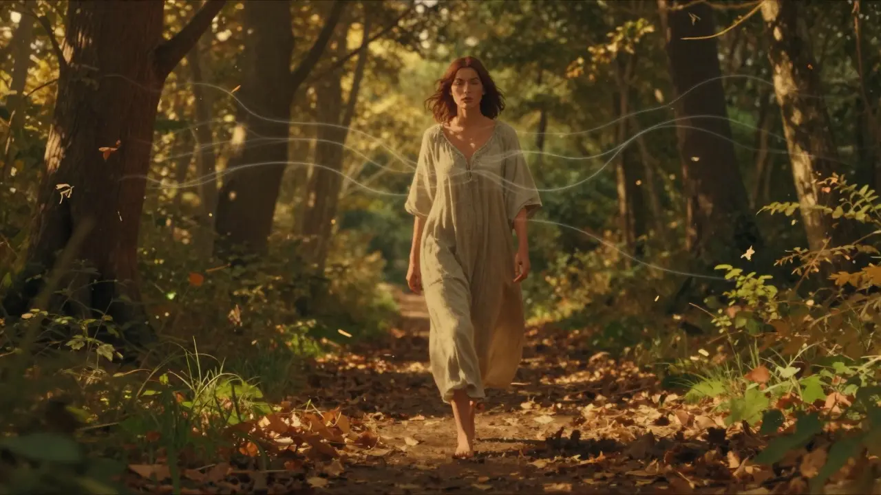 Žena chodí bosá lesní cestou v zlatém světle, symbolizující hormonální rovnováhu.
