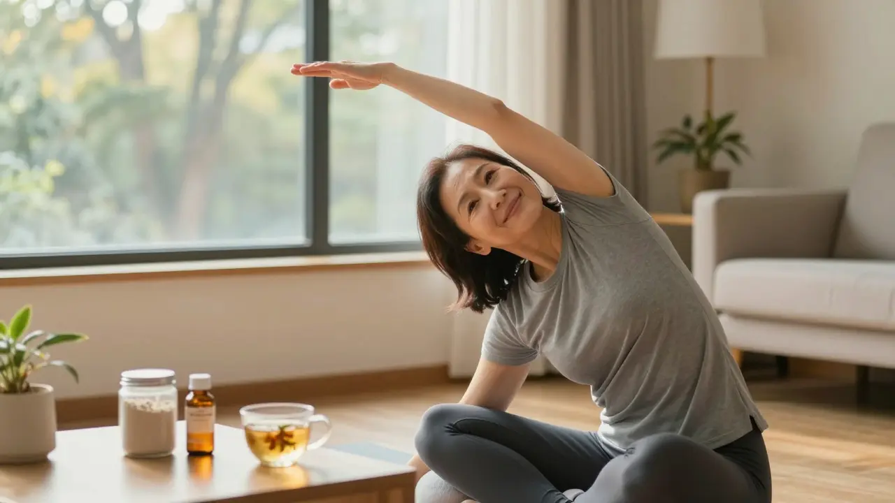 Žena dělá jemnou jógu s podložkou pod koleno a kolagenem na stole.