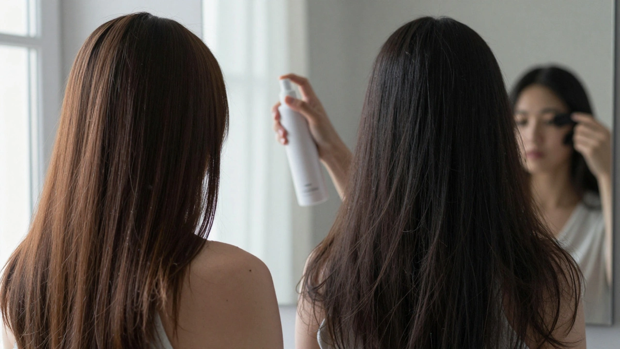 Žena s různě porézními vlasy v zrcadle, jedna část lesklá, druhá poškozená.