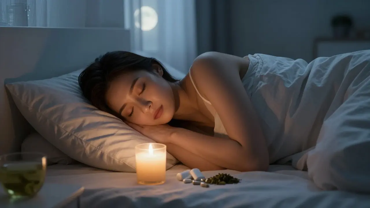 Žena spí v temné ložnici s svíčkou a zeleným čajem, symbolizující klid a obnovu.