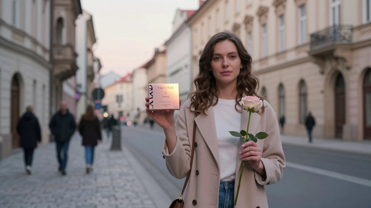 Žena stojí na ulici s starter kitem Mary Kay a růží, symbolizující nový začátek.