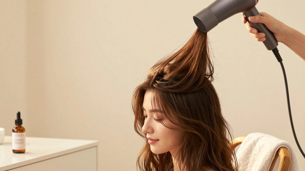 Žena suší vlasy obrácenou hlavou dolů, aby vytvořila objem u kořenů.