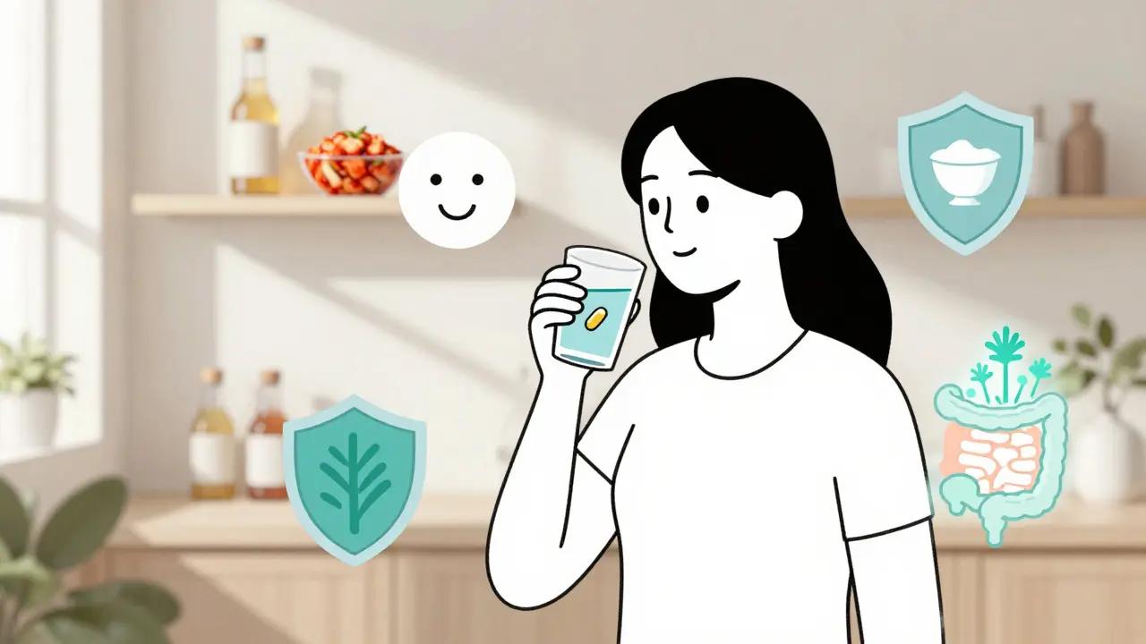 Žena užívající probiotika s vedlejšími symboly zdraví: imunita, nálada a kvasené potraviny.