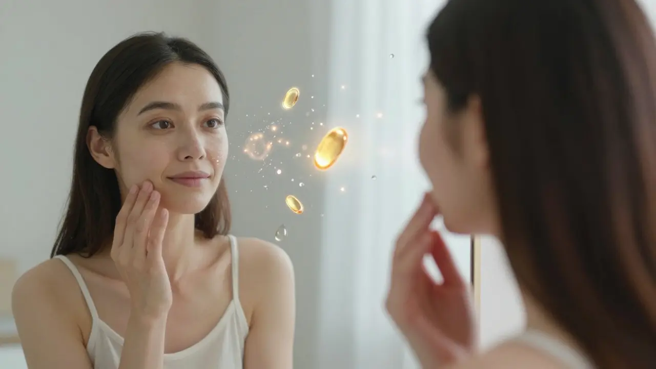 Žena v zrcadle, jejíž mladistvá reflektovaná tvář se postupně vyčleňuje od známek stárnutí.