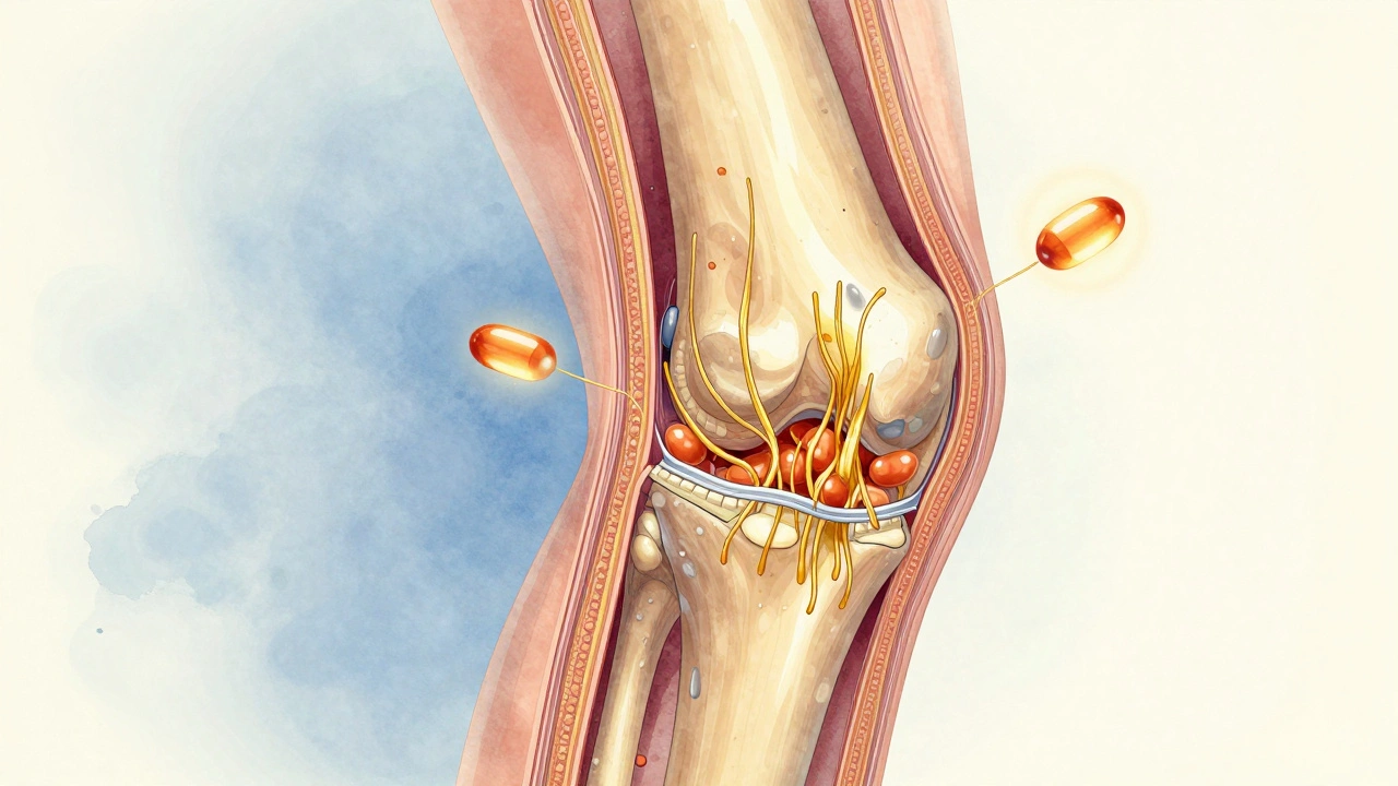 Zvětšený pohled na kloubní chrupavku, jak se obnovuje kolagenovými vlákny a vitamínem C.