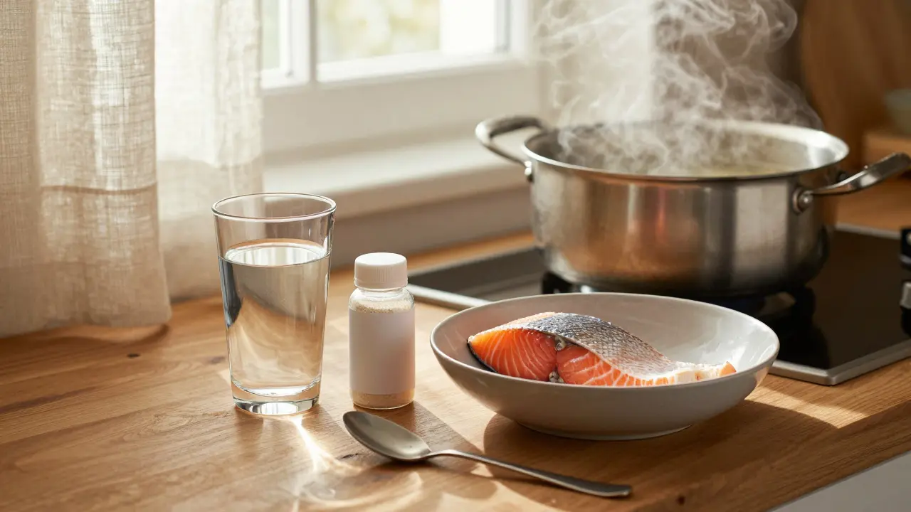 Česká kuchyně s rybími řízky, kolagenem a vodou na ráno, přírodní osvětlení.