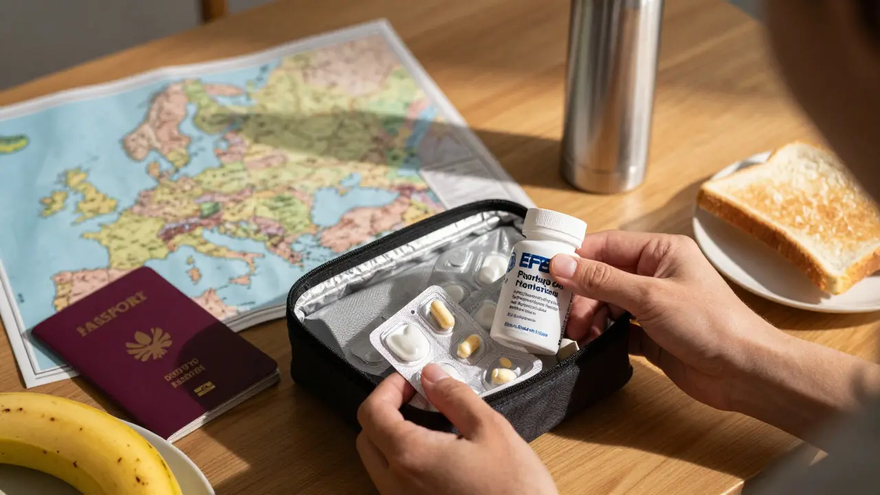 Cestovatel balí probiotika do cesty, na stole mapa, banán a toast.