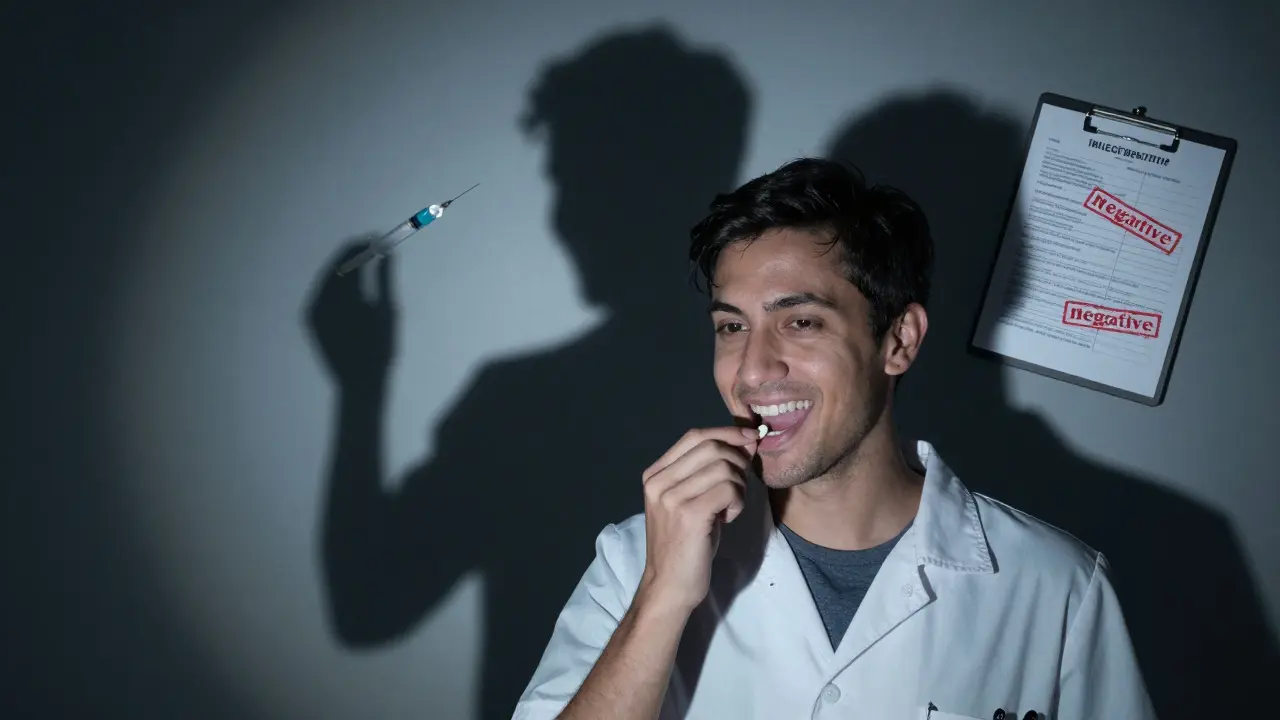 Člověk polyká tabletku, jeho stín ukazuje medicínské riziko falešných výsledků testů.