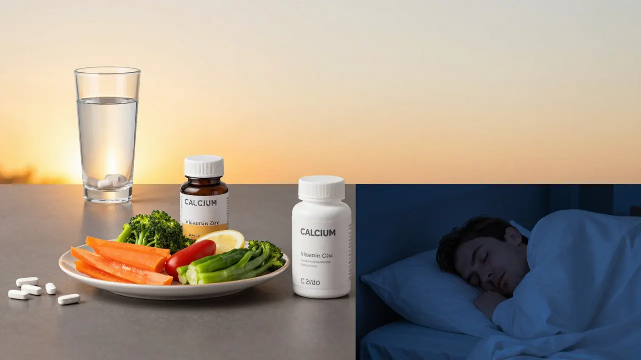 Denní plán podávání doplňků: ráno železo, odpoledne vitamín C, večer vápník a magnezium při spánku.