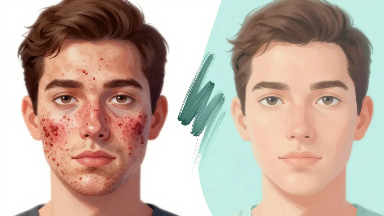 Dvě strany obličeje: jedna s zhoršeným akné z těžkého krytí, druhá s klidnou, léčenou pletí pomocí niacinamidu.