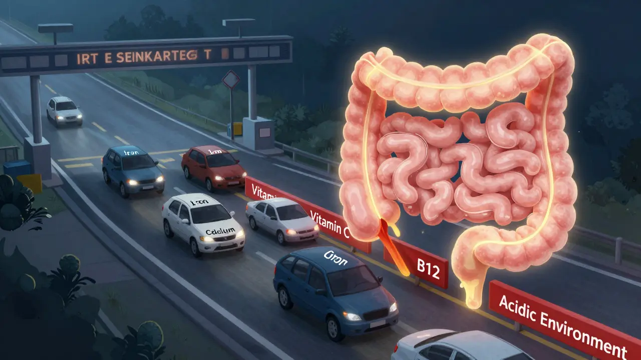 Ilustrace střeva jako silnice, kde železo a vápník kolizí, zatímco vitamín C blokuje B12.