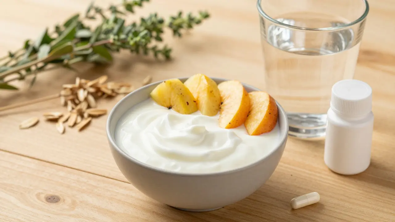 Jogurt, probiotikum a zdravé potraviny jako součást obnovy po antibiotikách.