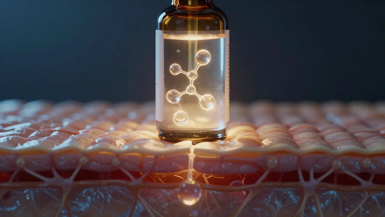 Kapka séra s molekulami pronikajícími do kůže, znázorňující hluboké účinky na kolagen.