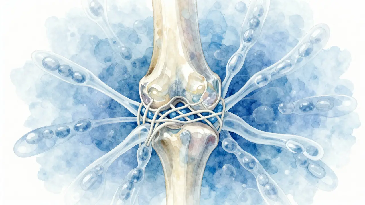 Kloub s chrupavkou posílenou kolagenovými vlákny a vstřebávanými peptidy.