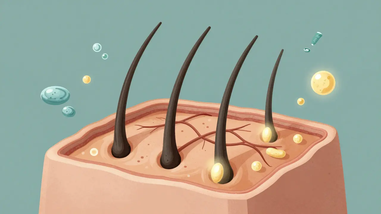Křížový řez kůže hlavy s aktivovanými vlasovými folikuly pod vlivem laseru a živin.