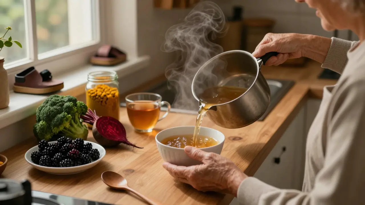 Kuchyně s vývarem z kostí, černým ovoce a kurkumou – přirozená podpora kloubů.