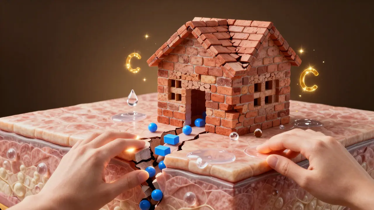 Kůže jako zničený dům, který opravují molekuly rybího kolagenu a hyaluronové kyseliny.