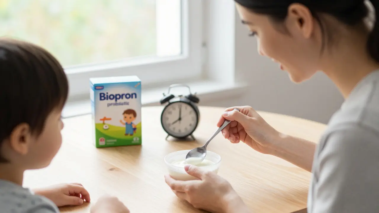 Matka dává dítěti Biopron do jogurtu před snídaní.