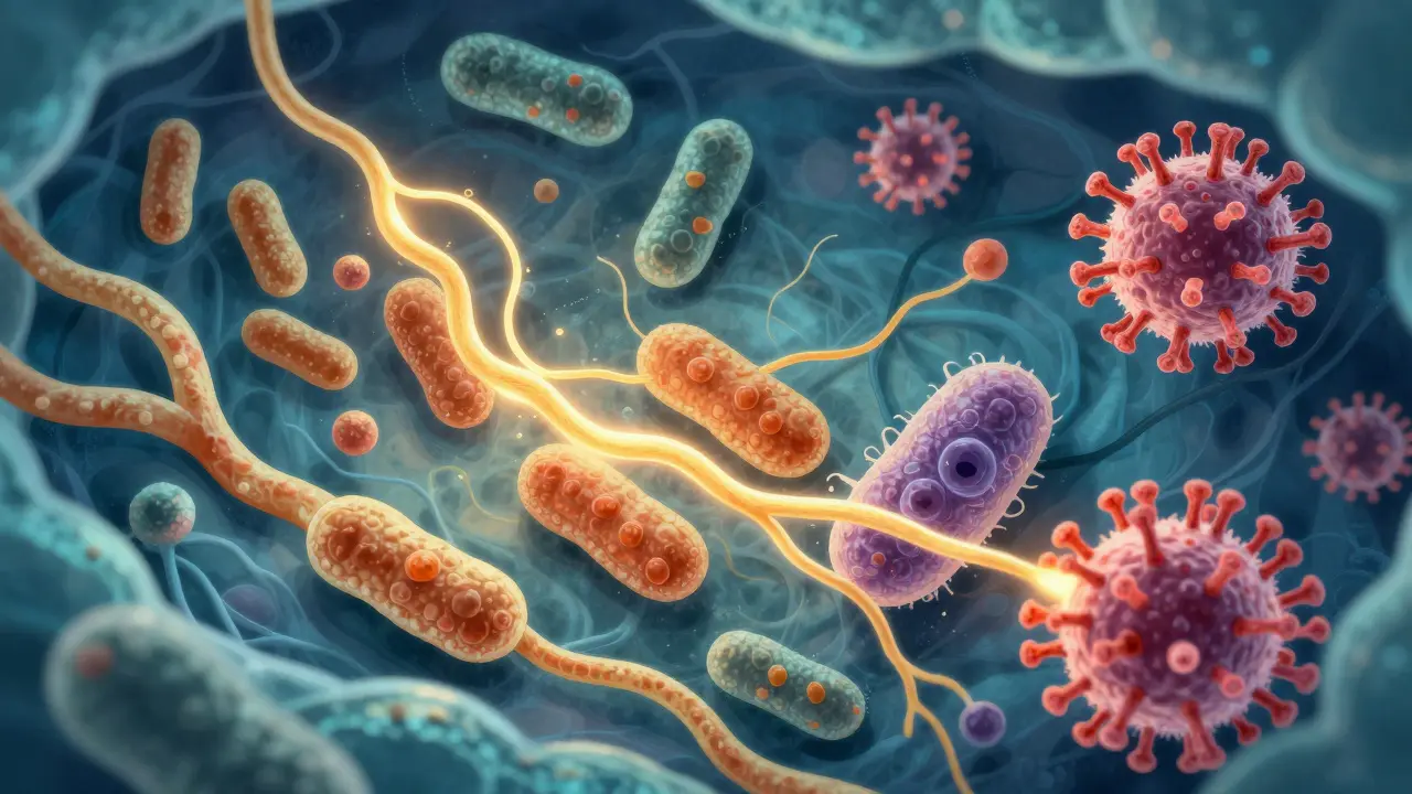 Mikroskopický pohled na dobré bakterie bránící škodlivým patogenům ve střevech.
