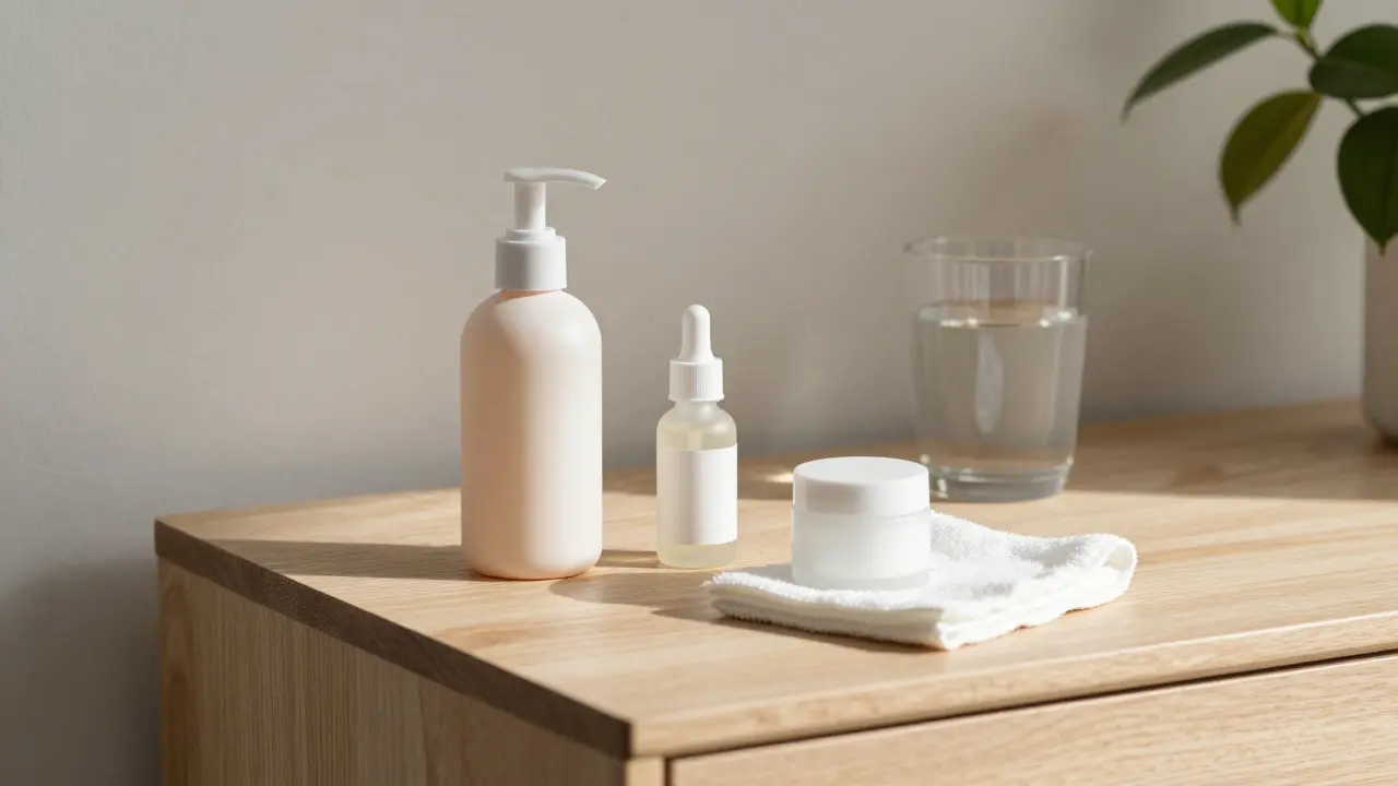 Minimální sestava péče o pleť s čisticím prostředkem, sérem a krémem na dřevěné pultu.