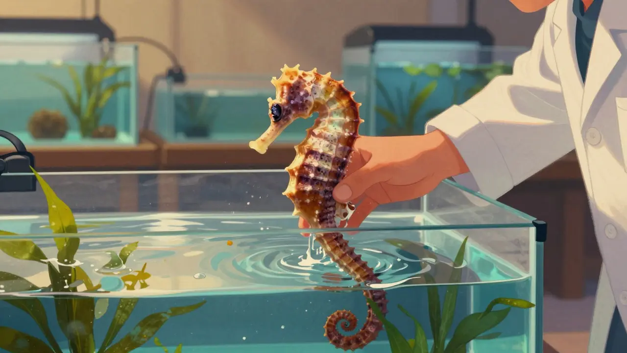 Mořský koník chován v udržitelné akvakultuře v čistých nádržích.