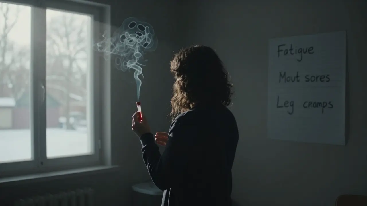 Osoba drží krevní test ve tmě, kolem ní plavou vitamíny.