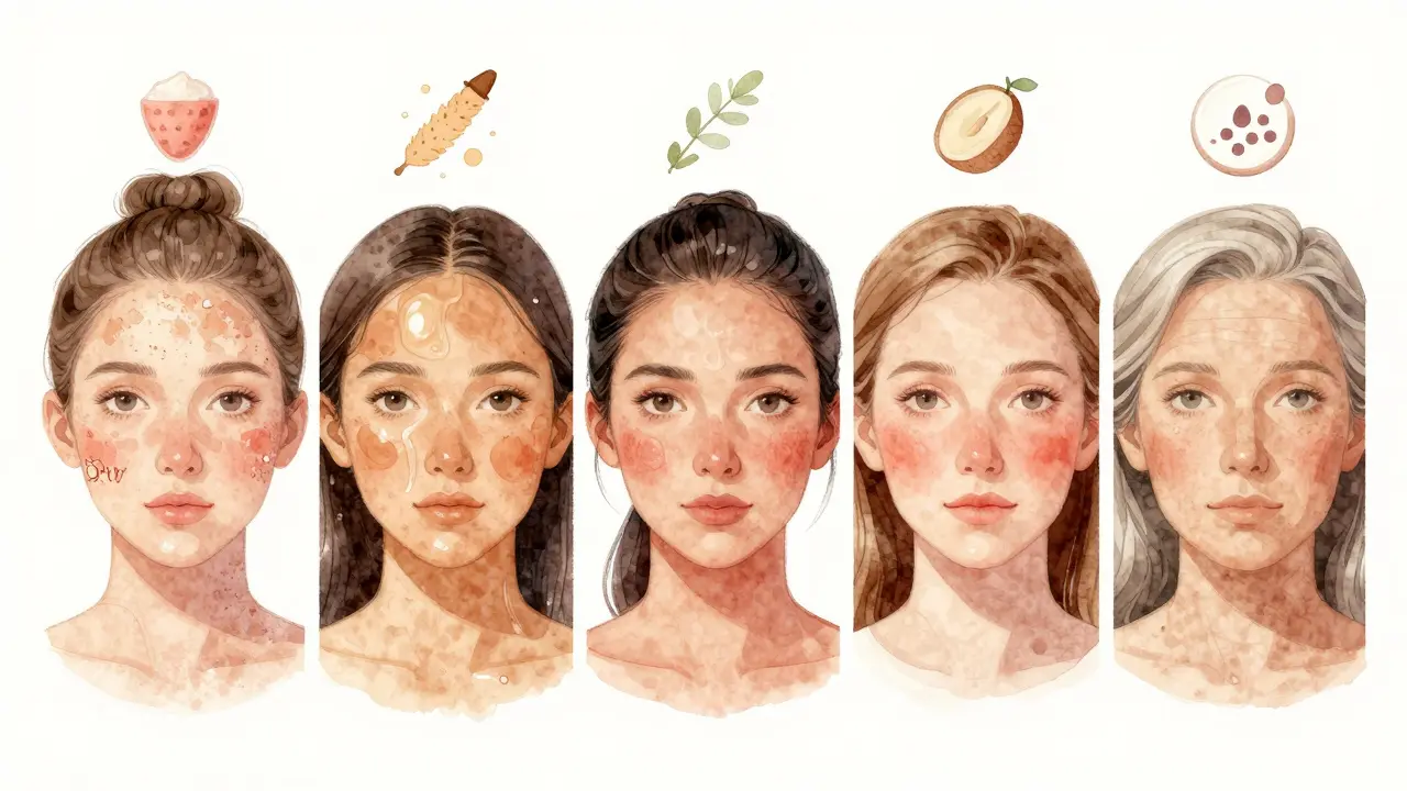 Pět typů pleti s charakteristickými vlastnostmi a příslušnými účinnými látkami ve vodové barvě.