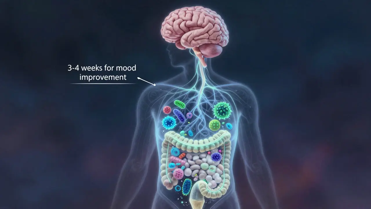 Průhledný člověk s osvětlenou střevní mikroflórou spojenou s mozkem, symbolizující vazbu střev a nálady.