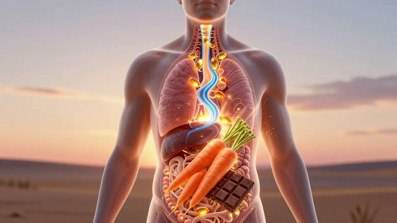 Průhledný lidský obraz s vnitřními živinami zářícími jako světlo – omega-3, vitamín A a antioxidanty podporující kůži.