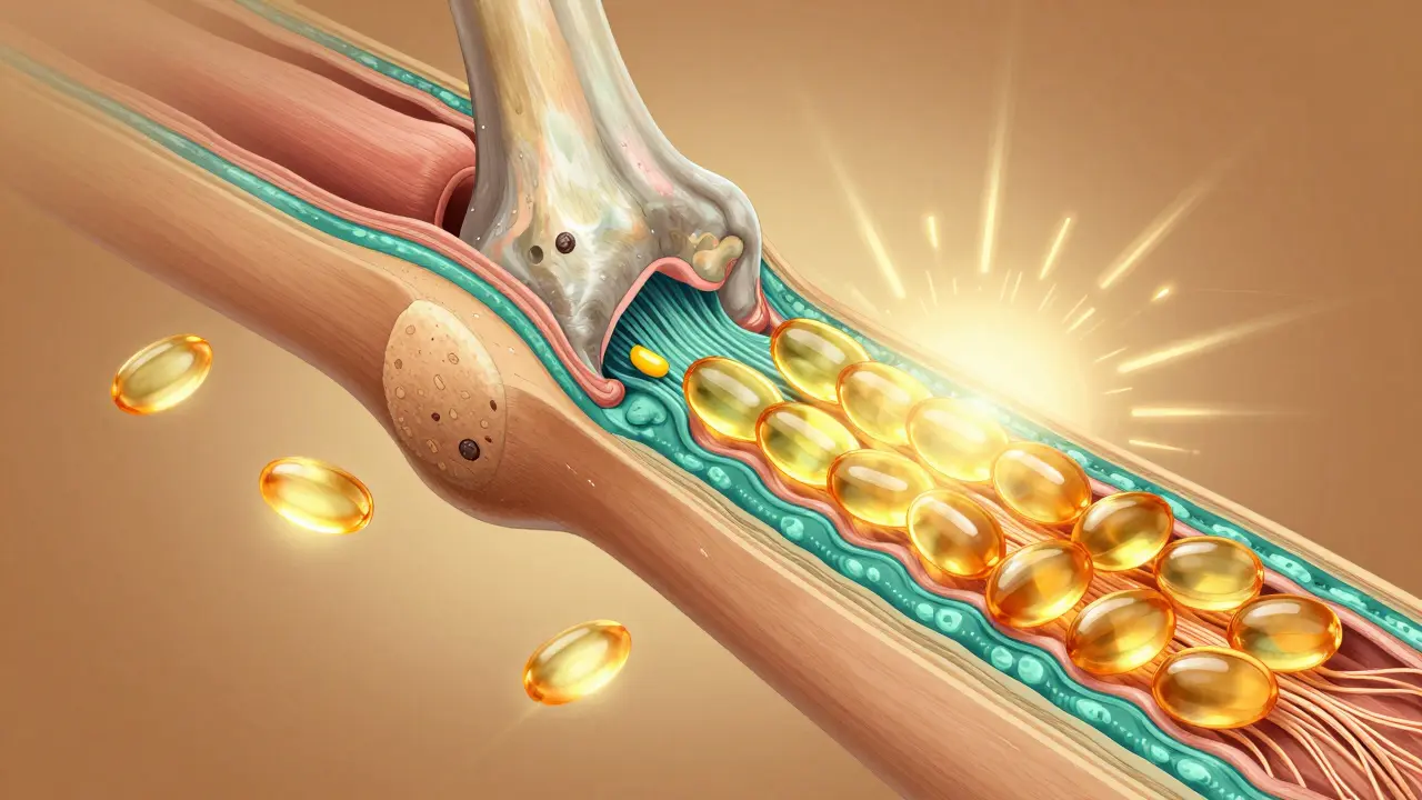 Průřez kloubu s regenerující chrupavkou a přirozenými látkami podporujícími obnovu.