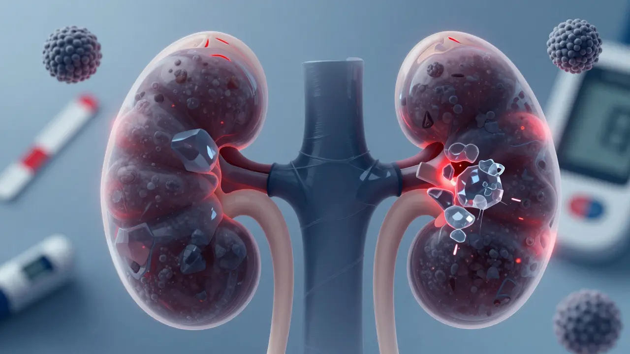Průřez ledvinami s křišťálovými kameny vzniklými z přebytku vitamínu C.