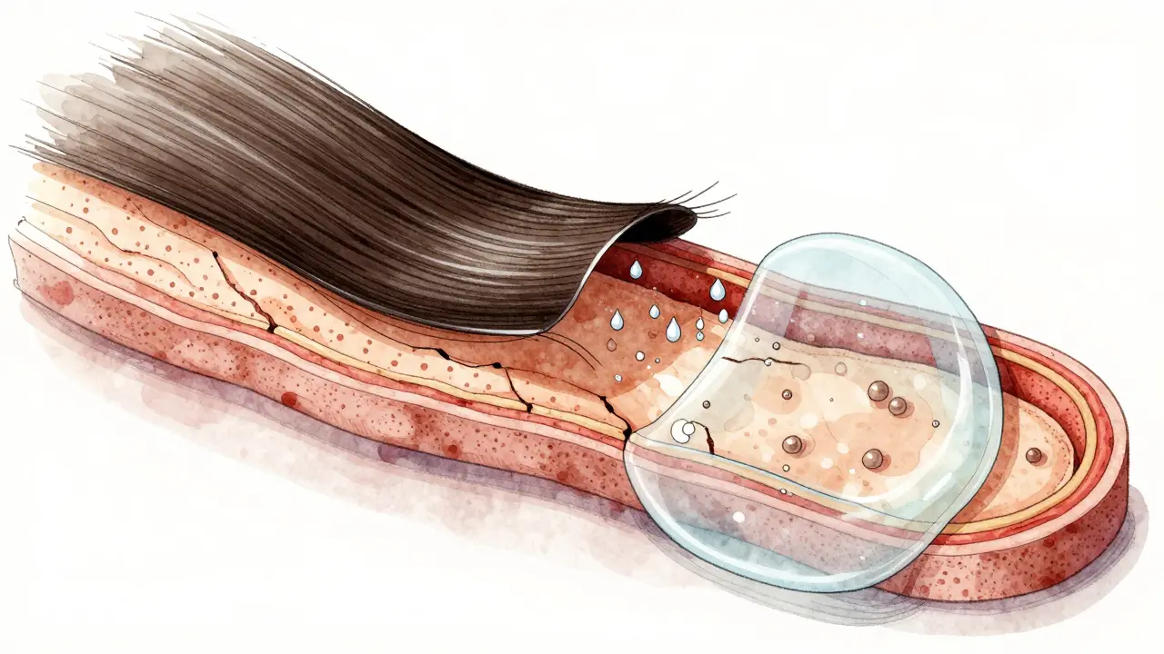 Průřez vlasu ukazující poškozenou kůži a vstřikování vlhkosti a bílkovin do kortexu.
