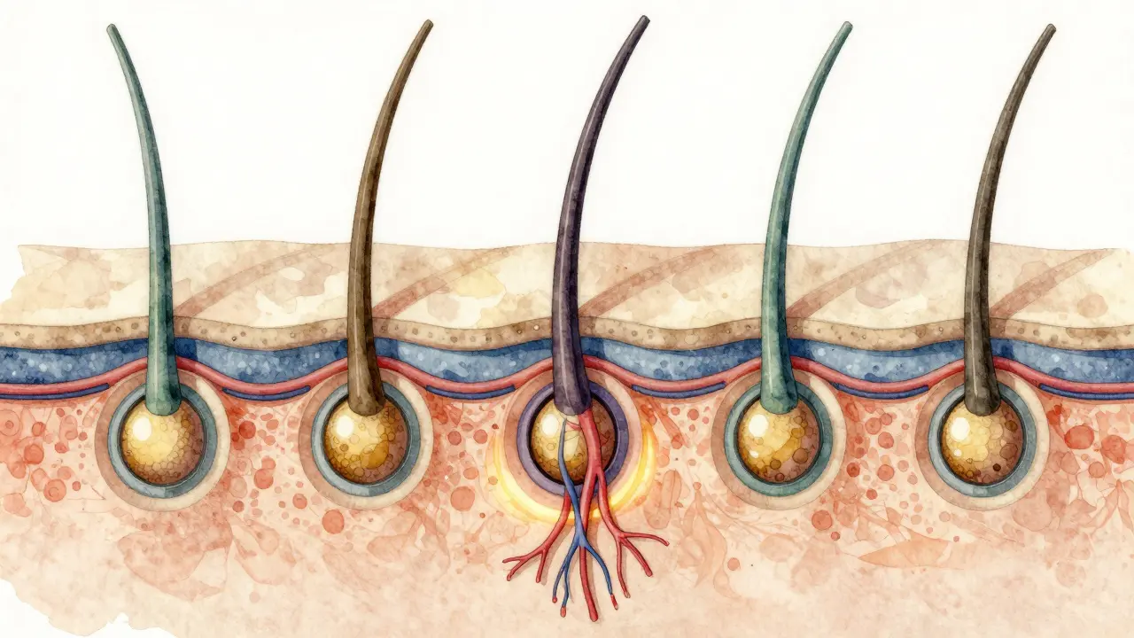 Řez lidským vlasovým folikulem v aktivní fázi růstu s krevními cévami.