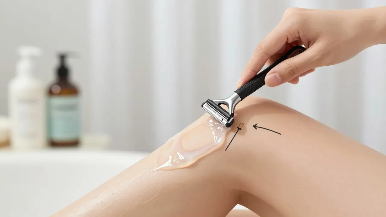 Ruka drží holicí břit pod úhlem 30 stupňů ve směru růstu chloupků.