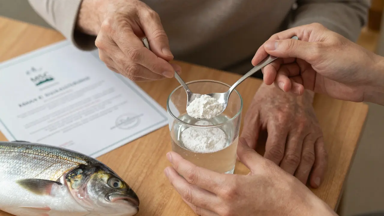 Různé ruce podávají mořský kolagen do nápoje, vedle šupiny ryby a certifikátem.