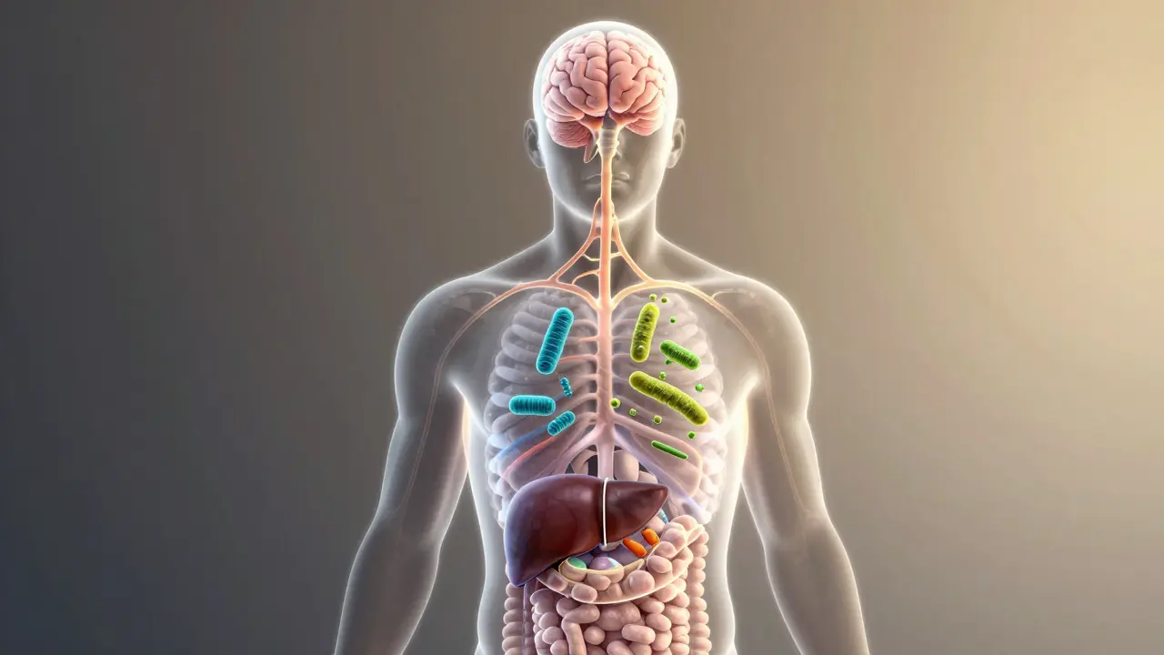 Translucenční ilustrace těla s hormonálními cestami a střevním mikrobiomem.