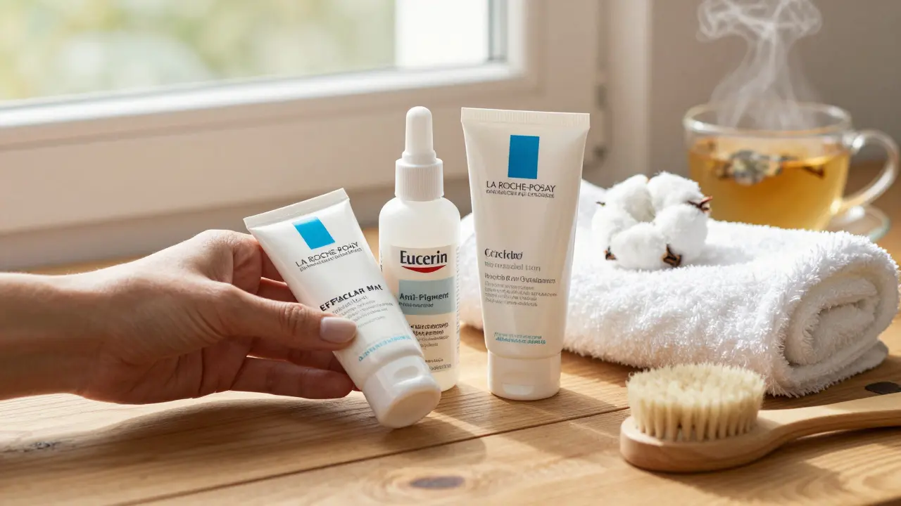 Tři dermatologicky doporučené produkty na akné leží na dřevěné ploše vedle čisté štětice a ručníku.