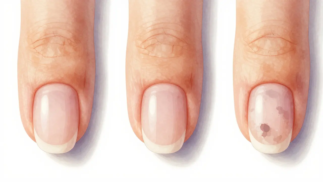 Tři fáze růstu gelových nehtů: čerstvá aplikace, začínající odlepování a vznik vlhkosti pod nehtem.