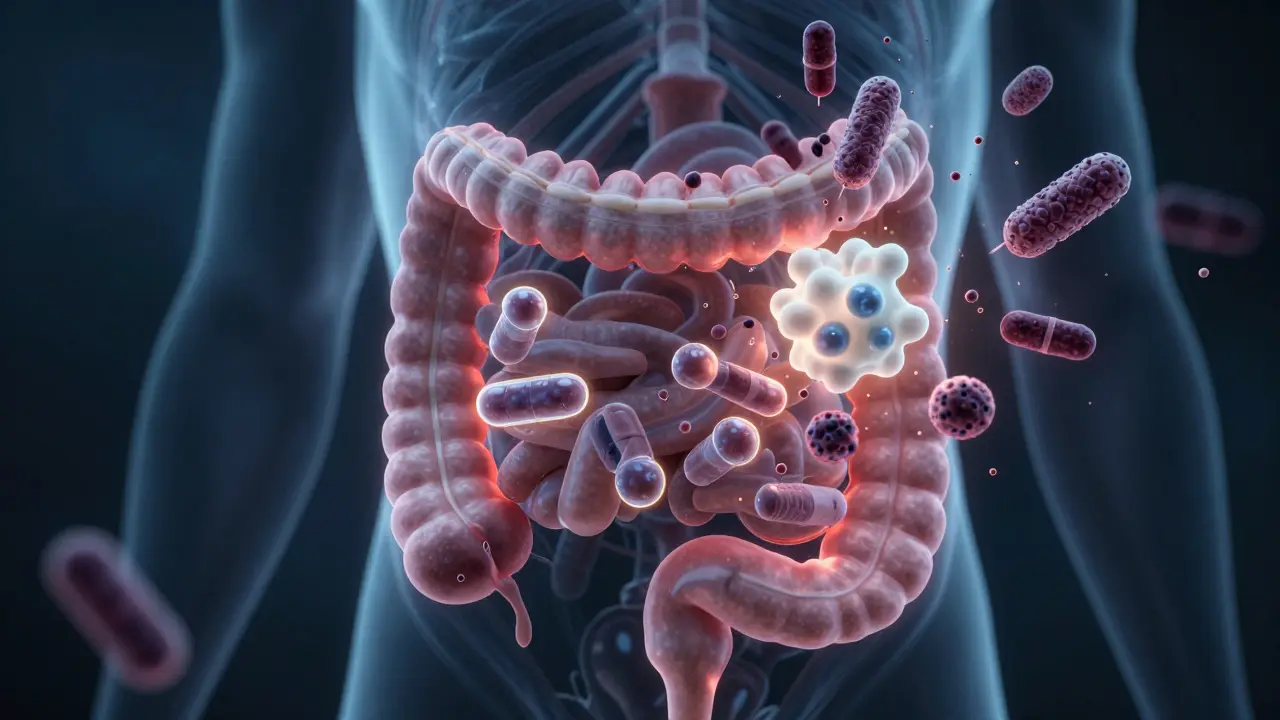 Vnitřní výřez střev s ničenými prospěšnými bakteriemi a blokovanými antibiotiky.