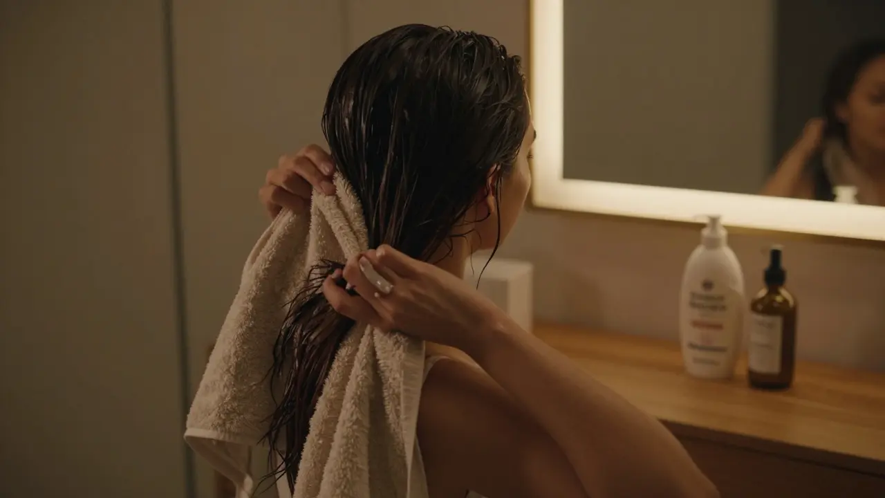 Žena obalující vlasy teplým ručníkem po aplikaci regenerační masky.