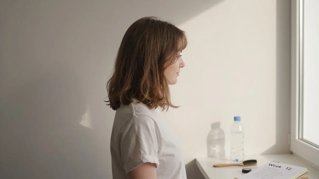 Žena s přirozenými vlasy ve světlé místnosti bez tepelných nástrojů.