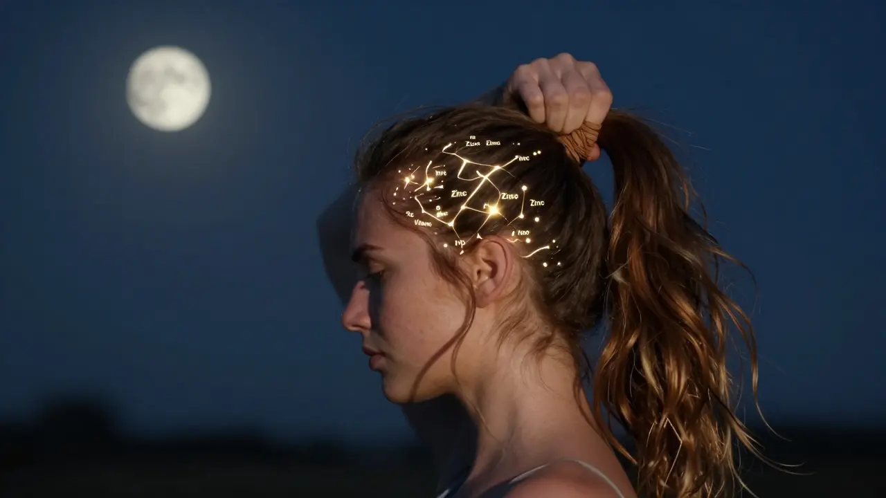 Žena s volnými vlasy, zátěž z pletenky a kořínků, živné látky svítí na pokožce.