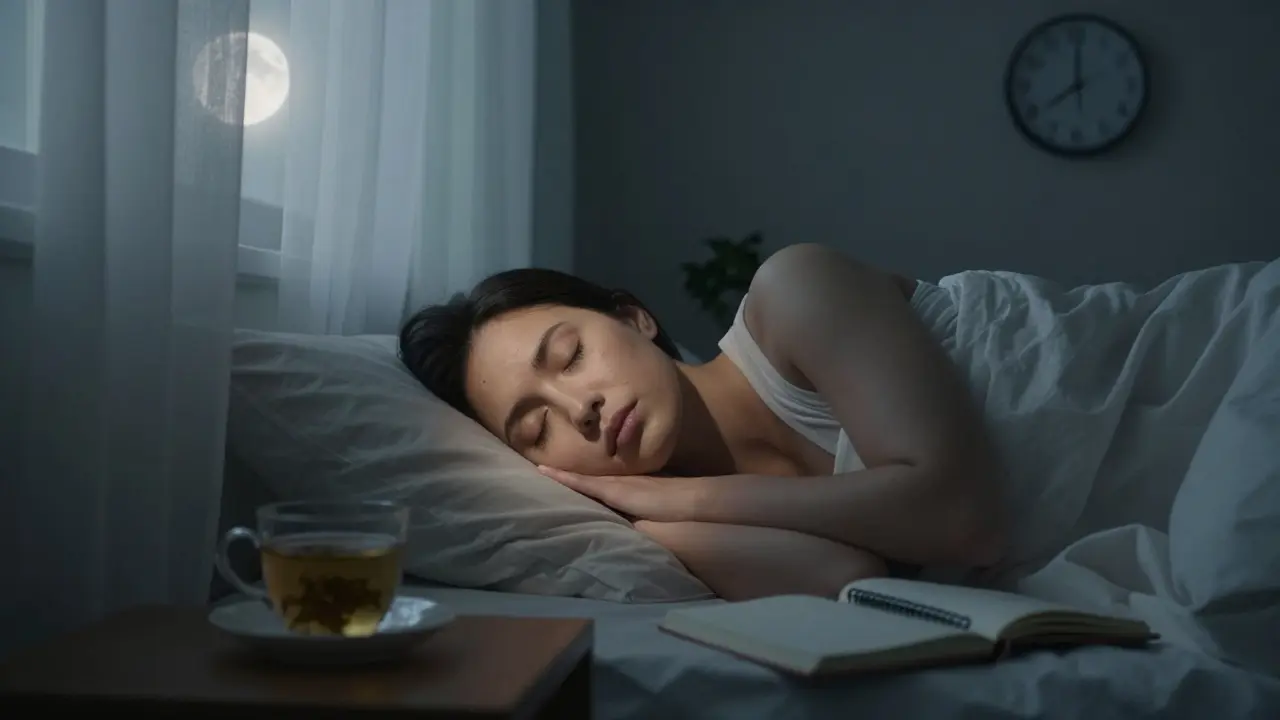 Žena spící v tiché ložnici při měsíčním světle, symbolizující obnovu během spánku.