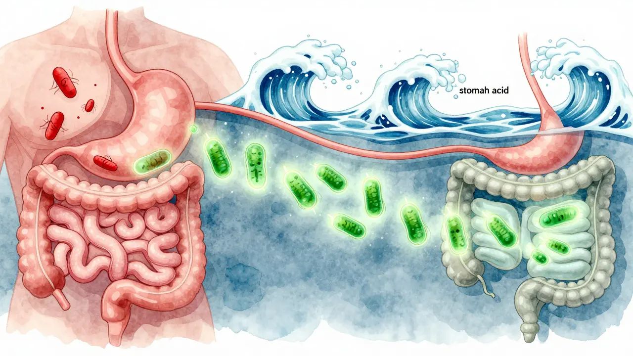 Živé bakterie cestují bezpečně střevy, vyhýbajíce se kyselému prostředí žaludku.