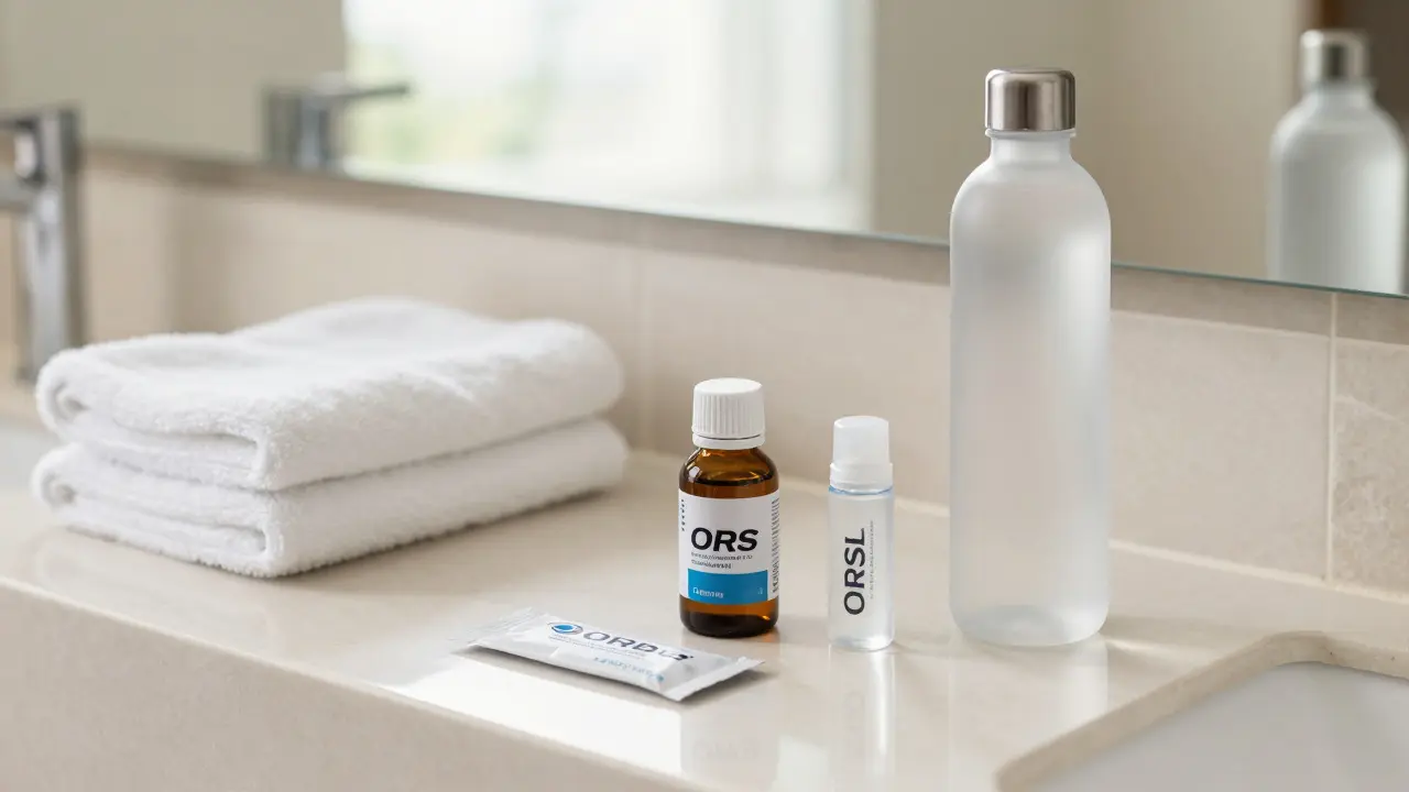 Cestovní sada na koupelně: probiotikum, elektrolyty, dezinfekční gel a uzavřená láhev vody na koupelnové pultě.